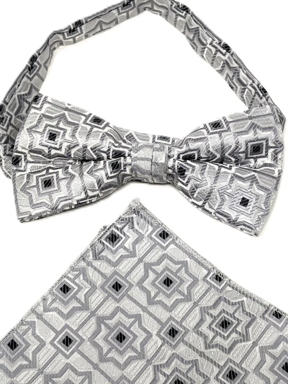 Black & Silver Gray Bow Tie, Pocket Square Formal Tuxedo Wedding Pre-tied